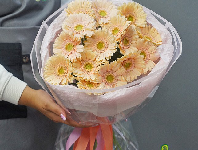 Buchet din 15 mini-gerbere roz pal foto