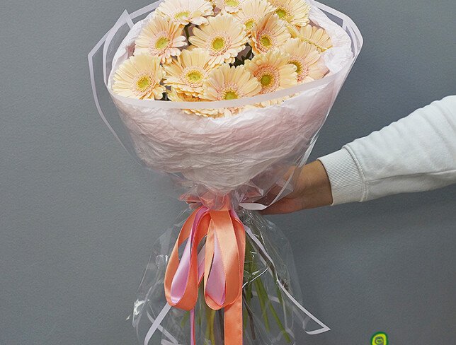 Buchet din 15 mini-gerbere roz pal foto