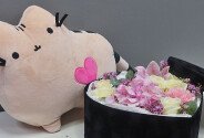 Набор: Бархатное сердце с белыми розами и розовой гортензией + Кошка Матильда h=35 см (бежевая) — фото 3