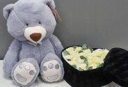 Set “Velvet Heart” with White Roses and Eucalyptus + Gray Bear Tishka, height 56 cm — photo 1