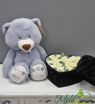 Set “Velvet Heart” with White Roses and Eucalyptus + Gray Bear Tishka, height 56 cm