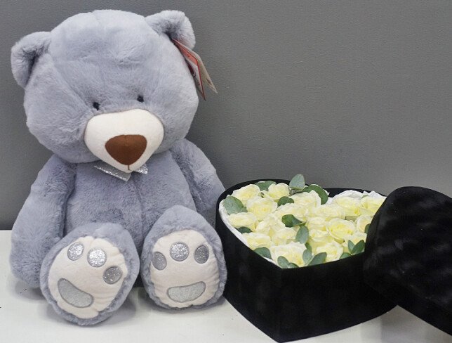 Set “Velvet Heart” with White Roses and Eucalyptus + Gray Bear Tishka, height 56 cm