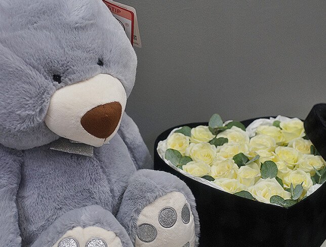 Set “Velvet Heart” with White Roses and Eucalyptus + Gray Bear Tishka, height 56 cm — photo 2