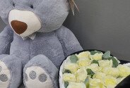 Set “Velvet Heart” with White Roses and Eucalyptus + Gray Bear Tishka, height 56 cm — photo 3